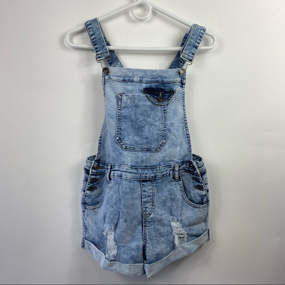 Bamboo Jeans Medium Denim Distressed Coverall Overalls Jean Shorts Women Juniors